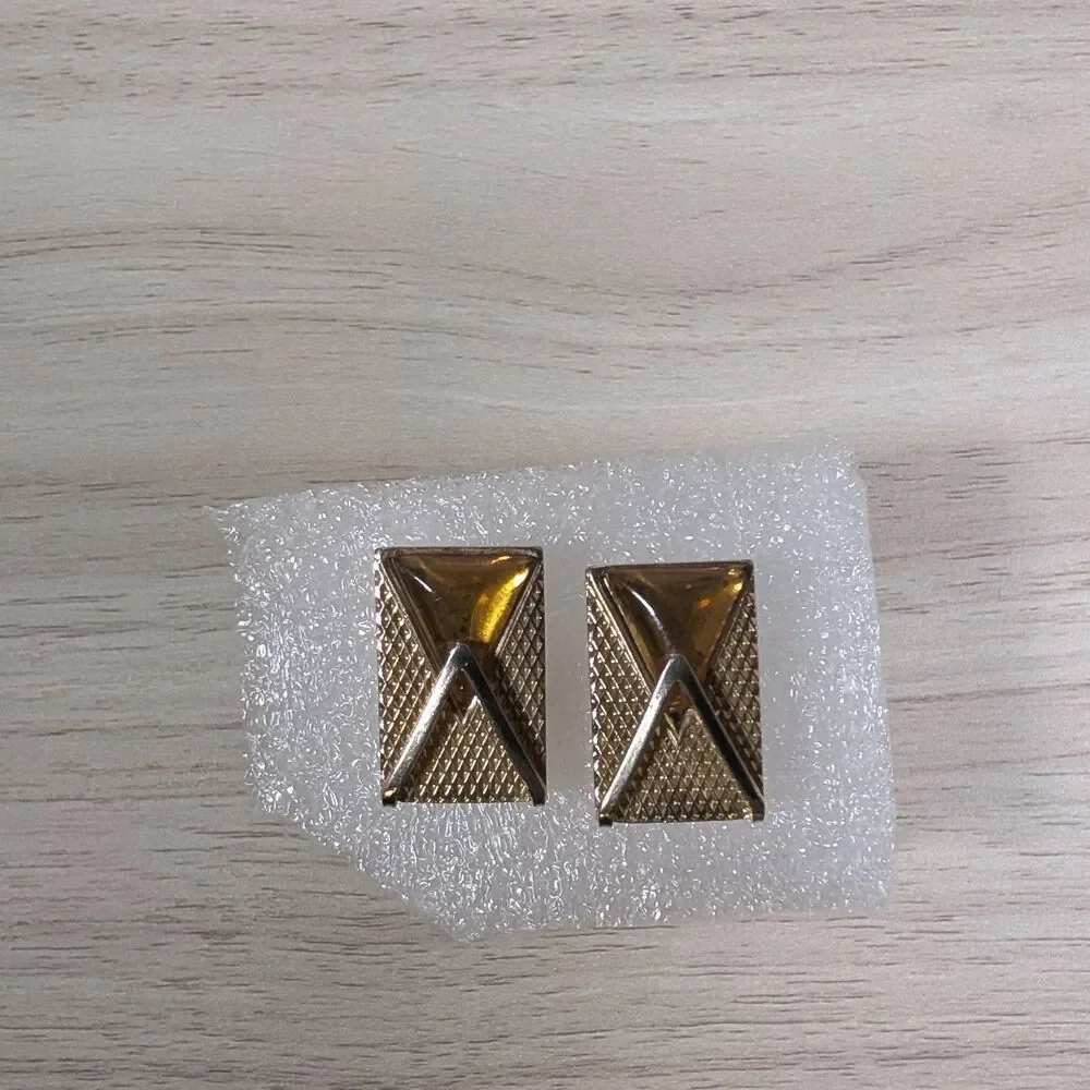 Vintage Gold Tone Amber Geometric Cufflinks Mens Formal Jewelry